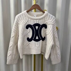 Celine Ivory Cable Knit Sweater with Navy Emblem